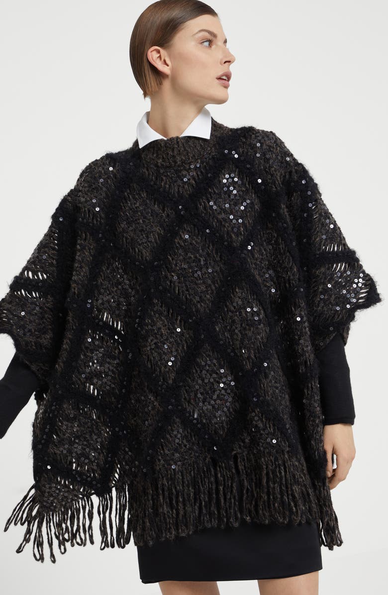 Brunello Cucinelli Wool and alpaca knit poncho with dazzling macro argyle embroidery, Alternate, color,
