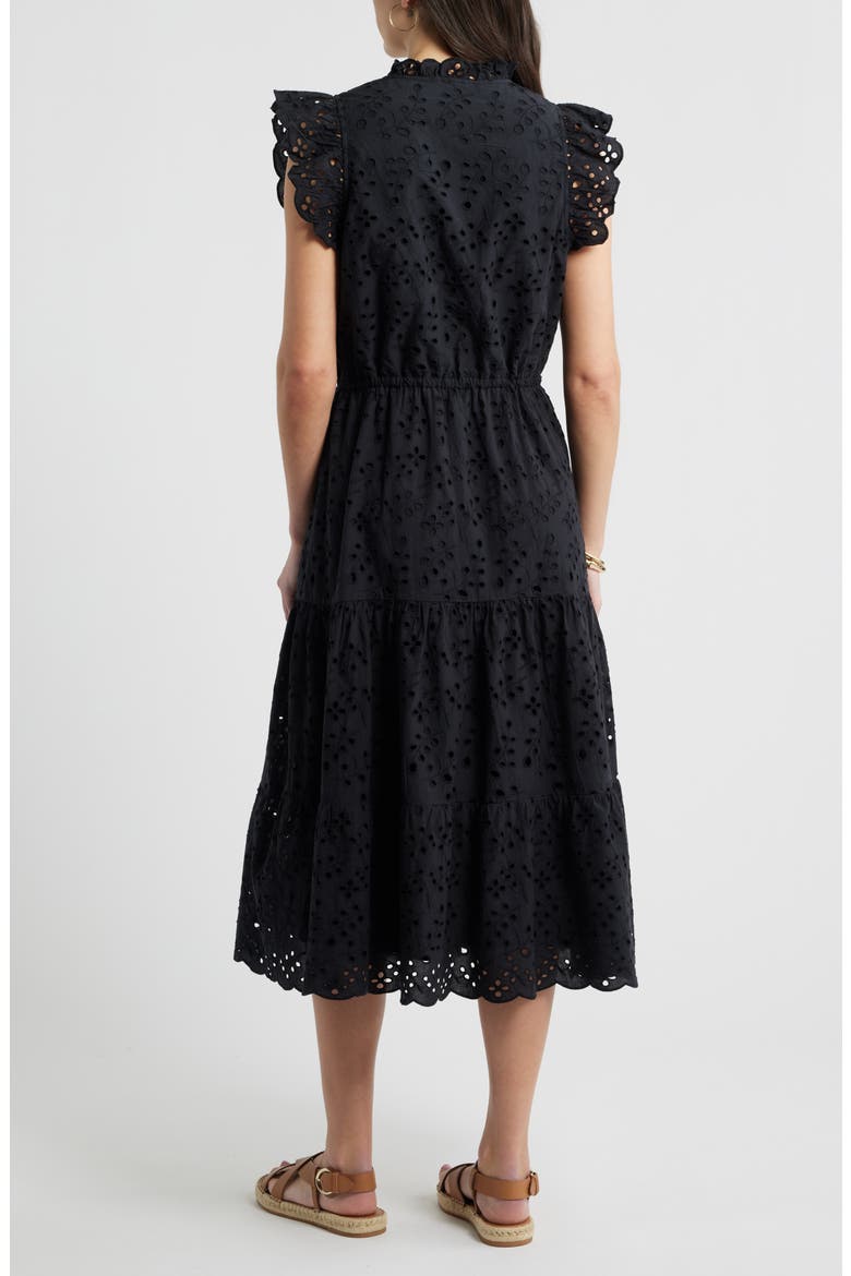 Ruffle Flutter Sleeve Cotton Broderie Anglaise Midi Dress, Alternate, color, BLACK