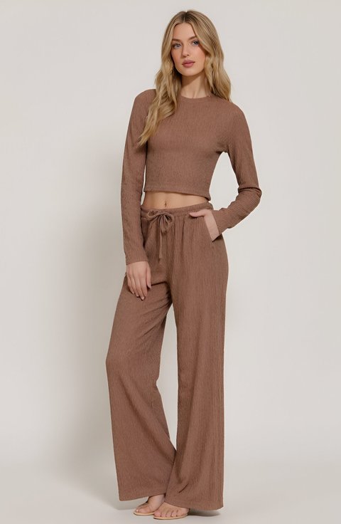Ribbed Long Sleeve Crop Top and Wide Leg Lounge Pants Set with Drawstring