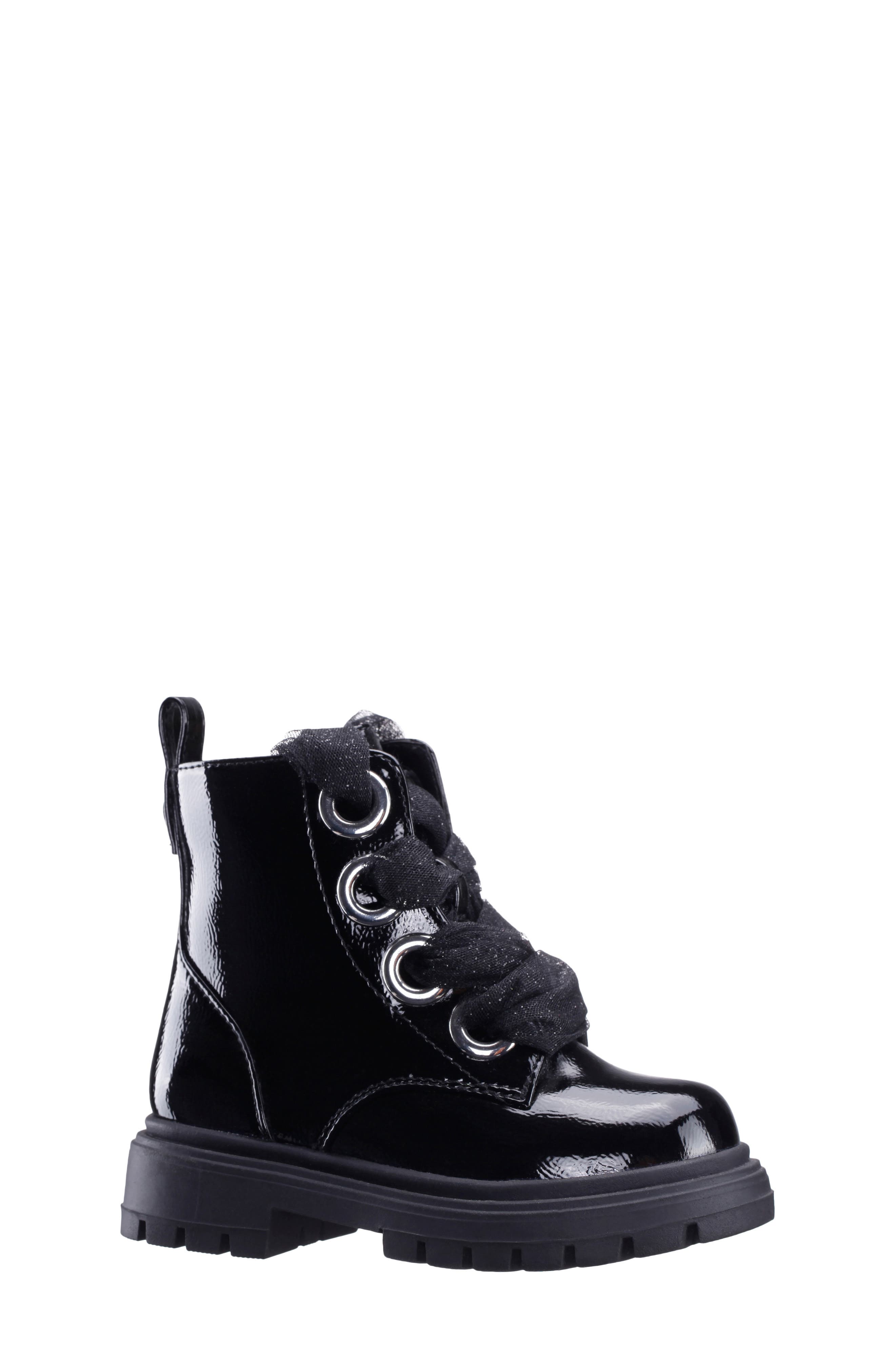 Nina Kids' Chassy Lug Sole Boot, Main, color, Black Crinkle Metallic