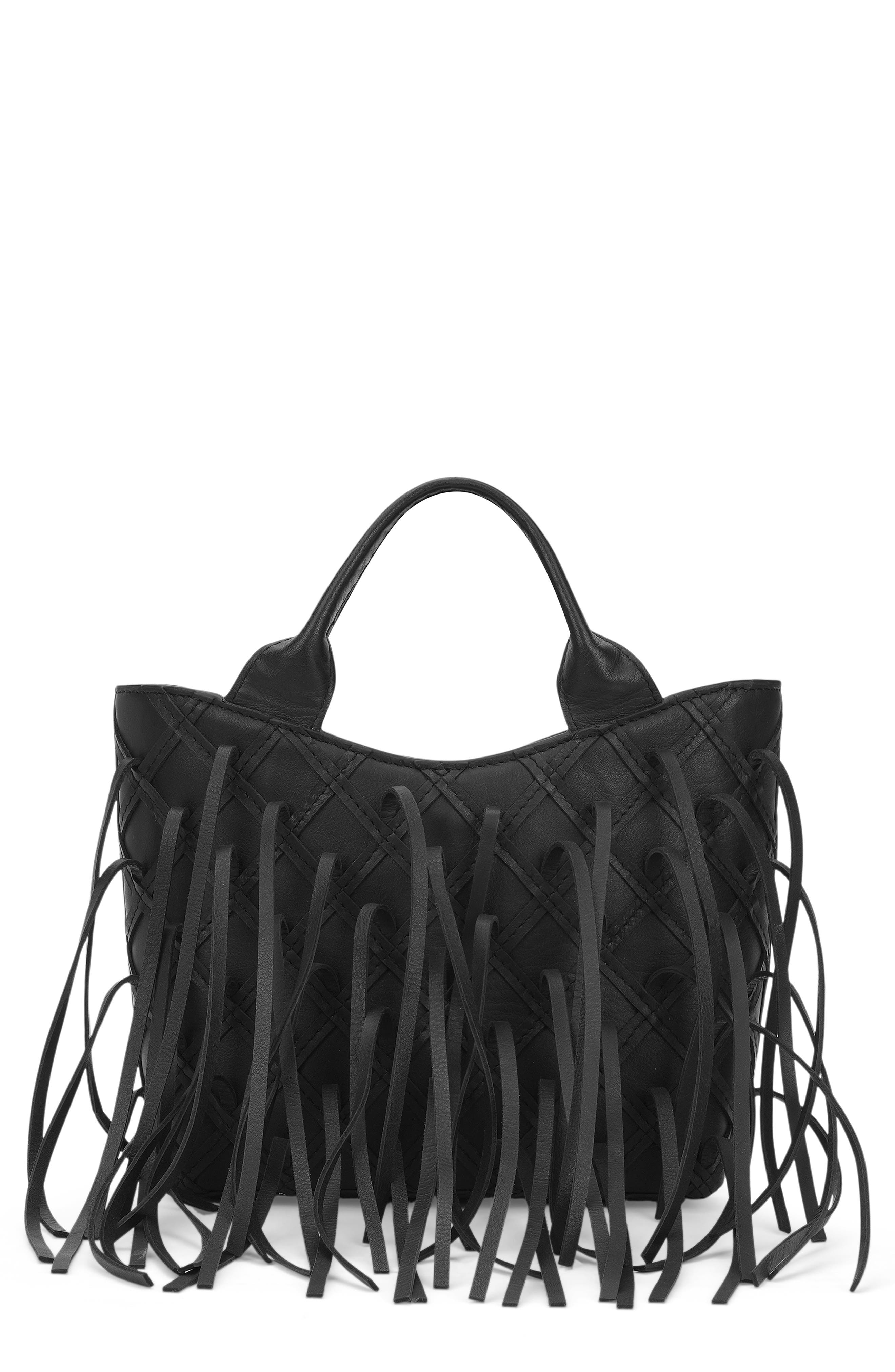 Katrina Mini Fringe Leather Tote, Main, color, BLACK