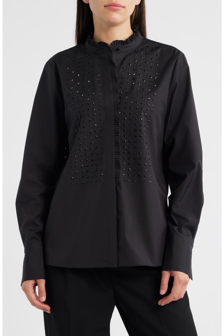 Mick Rhinestone Ruffle Cotton Blend Button-Up Shirt, Alternate, color, BLACK