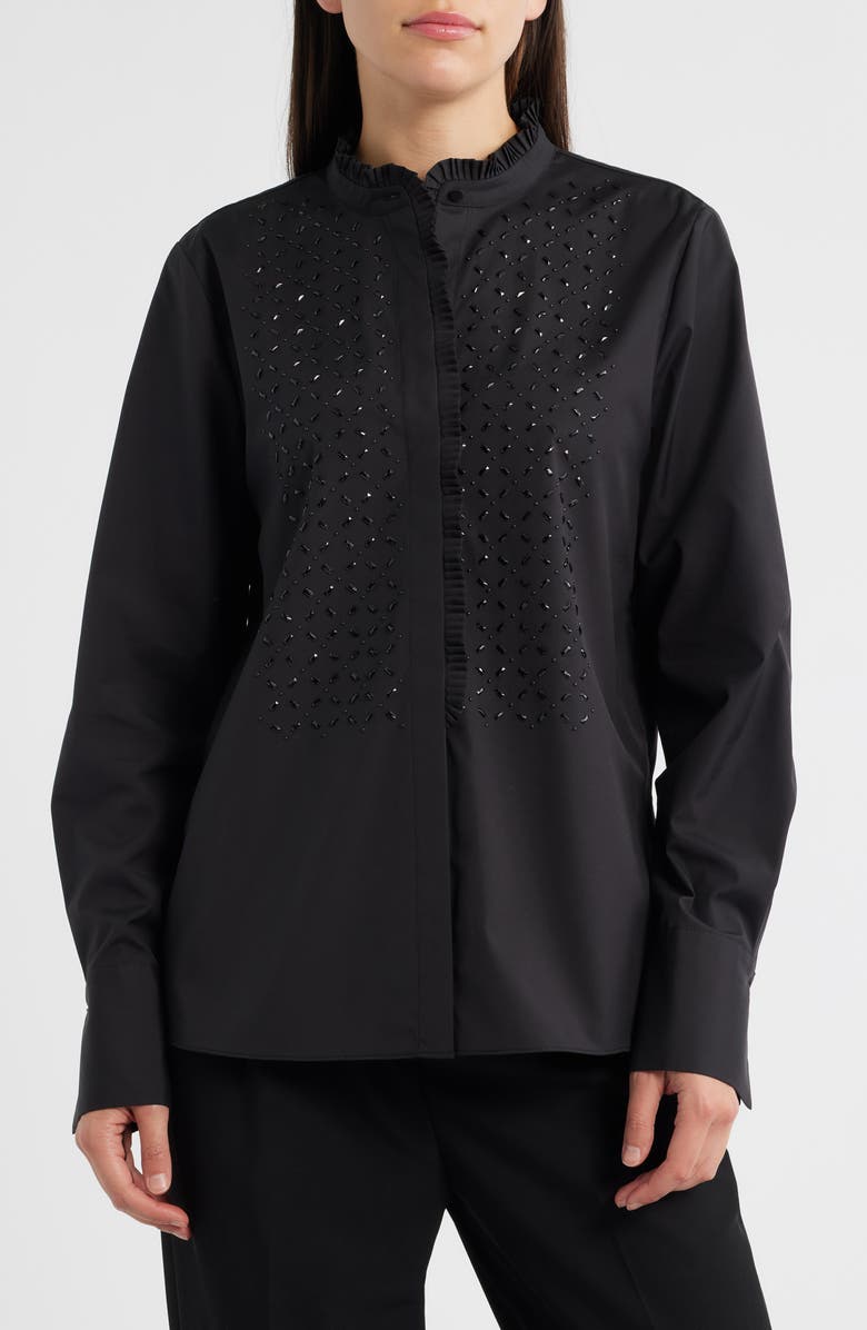 KOBI HALPERIN Mick Rhinestone Ruffle Cotton Blend Button-Up Shirt, Alternate, color, Black