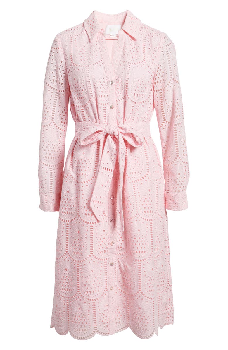 Lilly Pulitzer<sup>®</sup> Eira Eyelet Tie Waist Long Sleeve Maxi Shirtdress, Alternate, color, Pink Muse Pineapple Tile