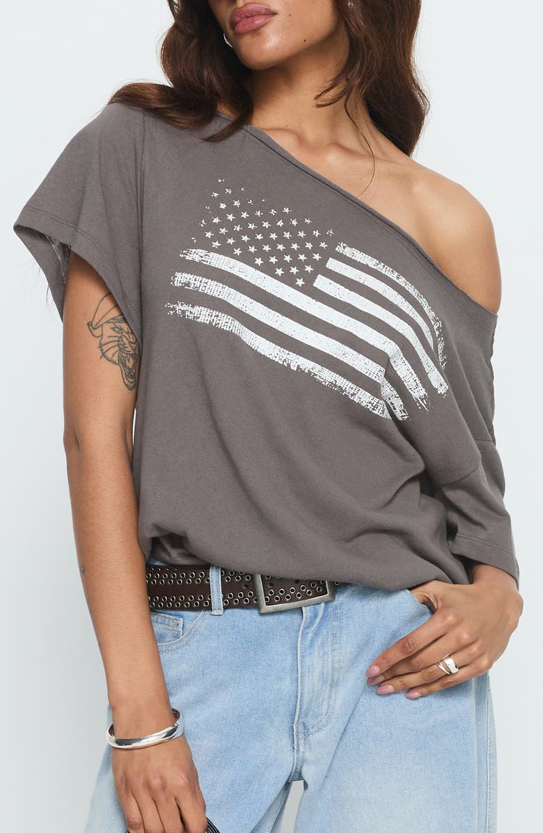 Princess Polly American Tune Off the Shoulder Graphic T-Shirt, Main, color, Washed Black