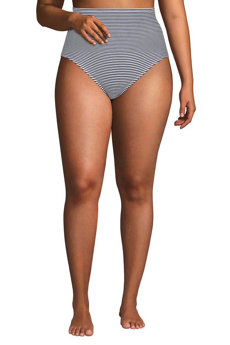 Plus Size Slender Suit Ultra High Waisted Bikini Bottoms, Main, color, Deep Sea Navy Mini Stripe