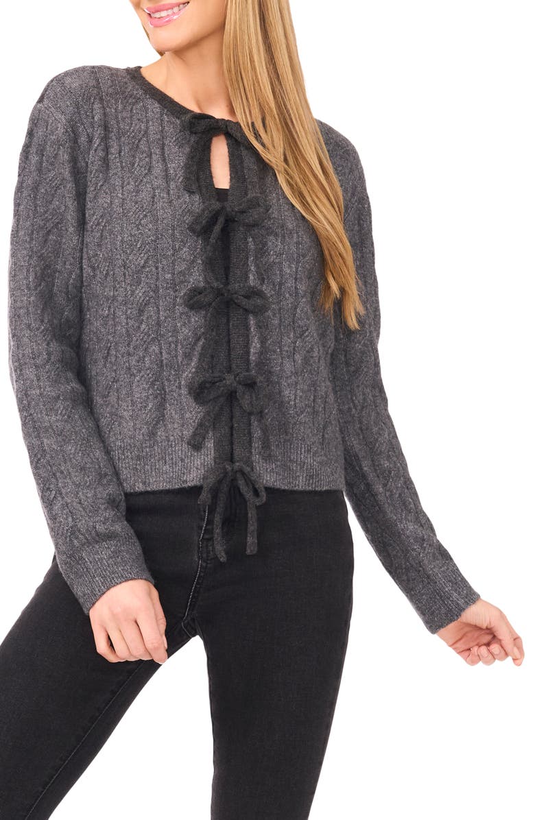 CeCe Bow Front Cable Stitch Cardigan, Main, color, Medium Heather Grey