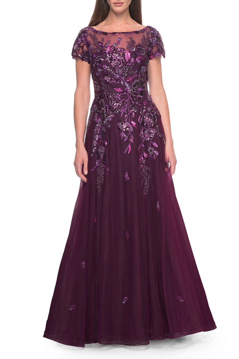 A-line Gown with Unique Sequin Floral Applique, Main, color, Dark Berry