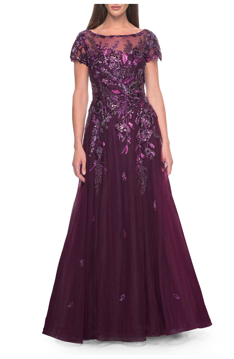 La Femme A-line Gown with Unique Sequin Floral Applique, Main, color, Dark Berry