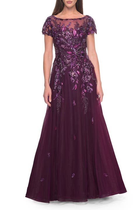 A-line Gown with Unique Sequin Floral Applique