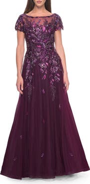 La Femme A-line Gown with Unique Sequin Floral Applique
