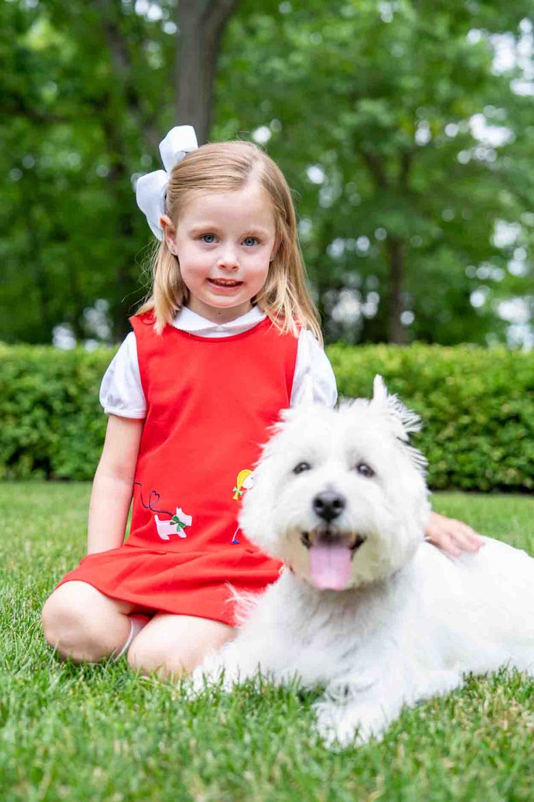 Pique Knit Jumper With Girl Walking Dog, Alternate, color, Red