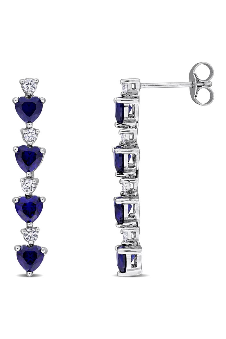 Created Sapphire & Cubic Zirconia Heart Linear Drop Earrings, Main, color, BLUE