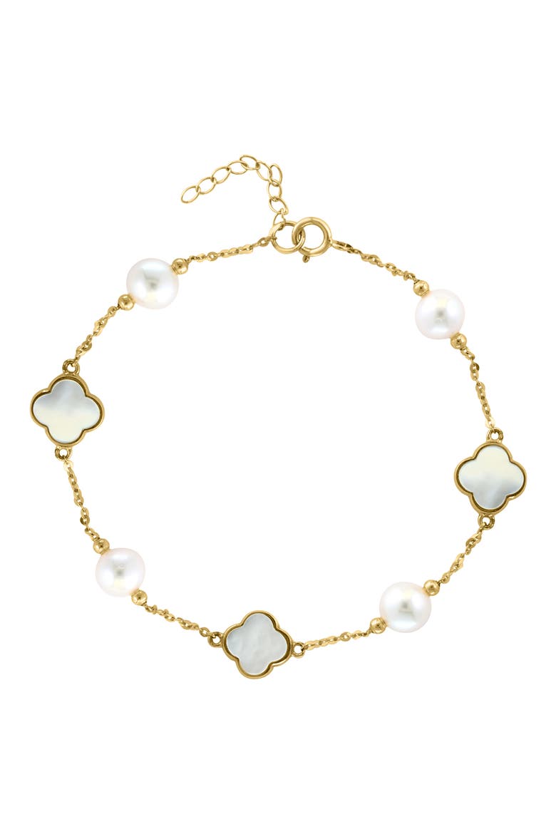 14K Yellow Gold Clover Mother of Pearl & Freshwater Pearl Bracelet, Main, color, GOLD MULTI
