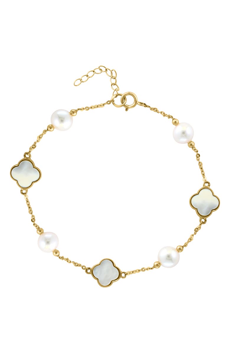 EFFY 14K Yellow Gold Clover Mother of Pearl & Freshwater Pearl Bracelet, Main, color, Gold Multi