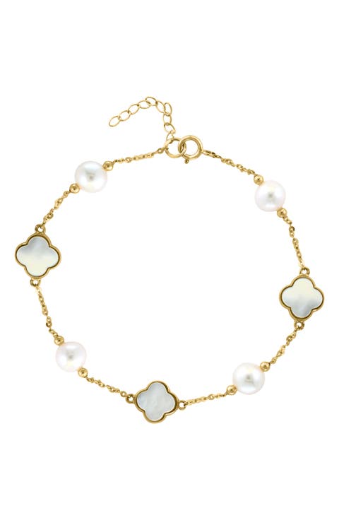 14K Yellow Gold Clover Mother of Pearl & Freshwater Pearl Bracelet