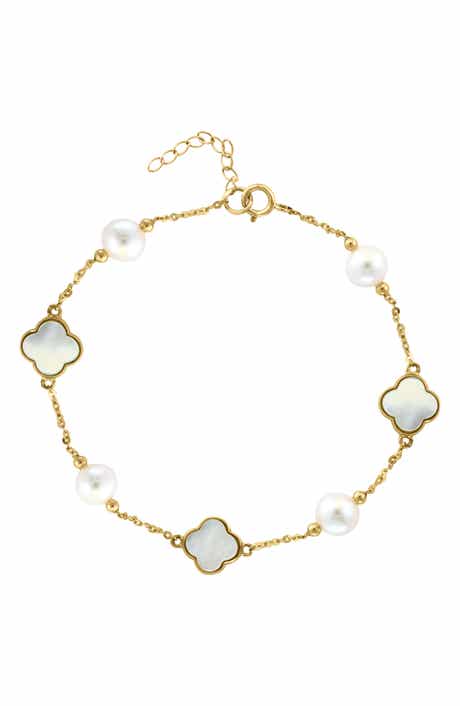 EFFY 14K Yellow Gold Clover Mother of Pearl & Freshwater Pearl Bracelet