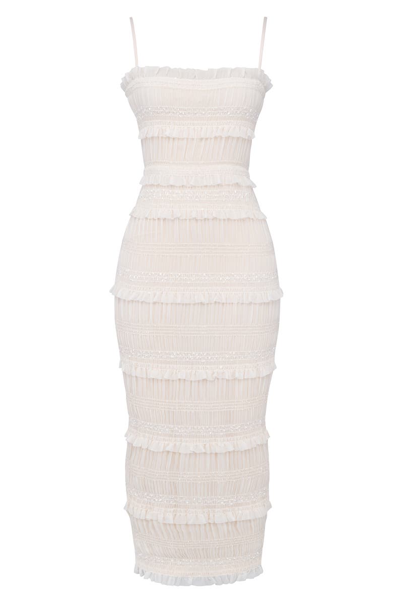 HOUSE OF CB Solana Sequin Smocked & Shirred Cocktail Dress, Alternate, color, Ivory Print