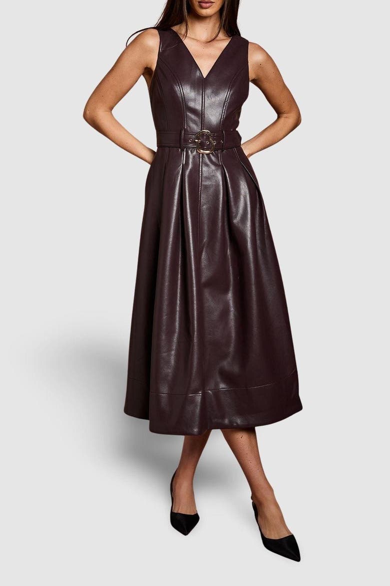 Sleeveless Pu Belted Dress, Alternate, color, Brown
