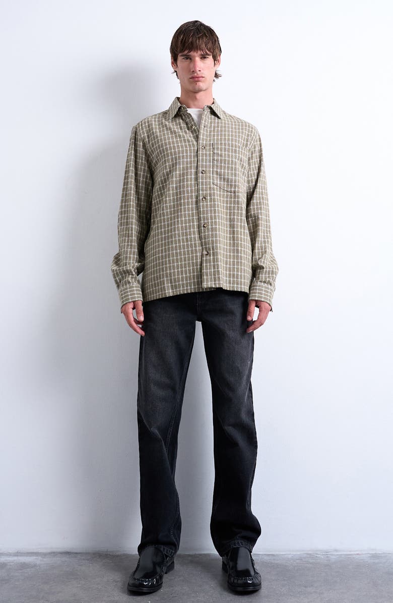 Topman Grid Check Relaxed Button-Up Shirt, Alternate, color, Khaki