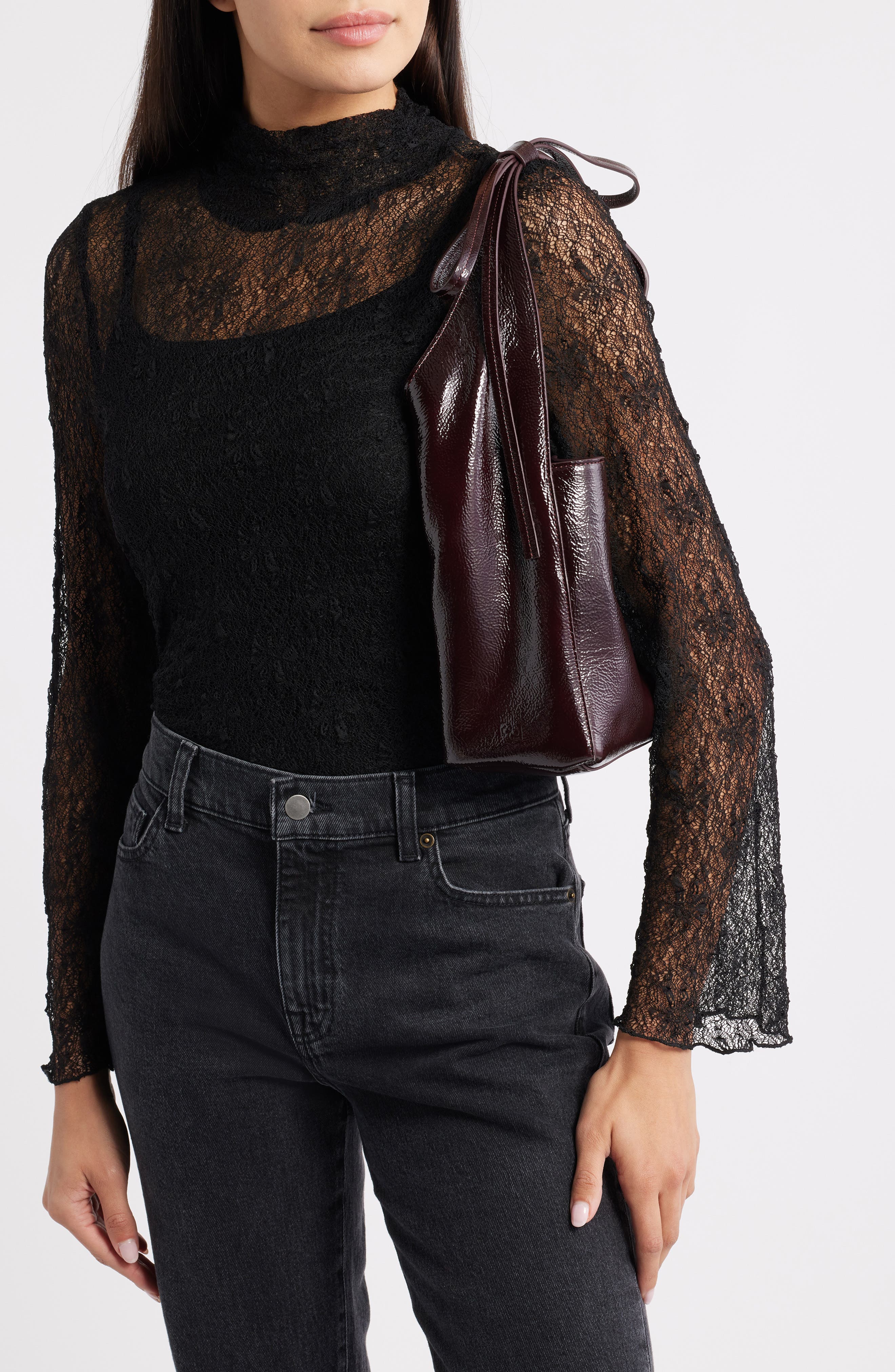 Reformation Small Vittoria Leather Tote, Alternate, color, Rum Raisin Crinkle Patent