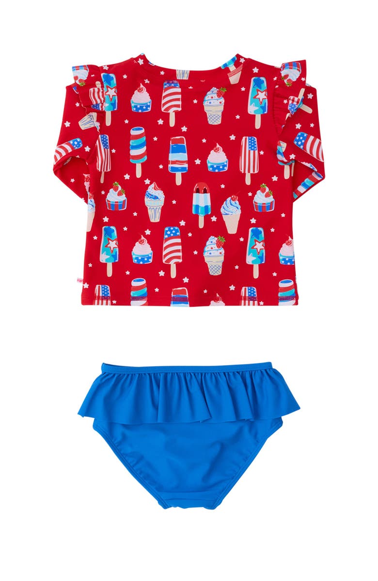 RuffleButts UPF50 Sun Protected Skirted Flutter Long Sleeve Rash Guard Bikini, Alternate, color, Stars & Scoops