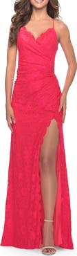 La Femme Lace Long Dress with Scallop Detail on Skirt Slit