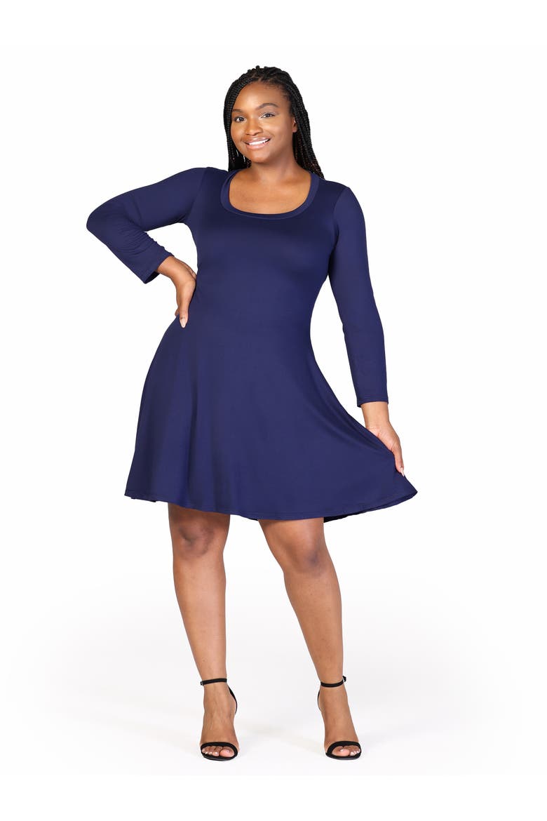 Plus Size Classic Long Sleeve  Flared Mini Dress, Alternate, color, Navy