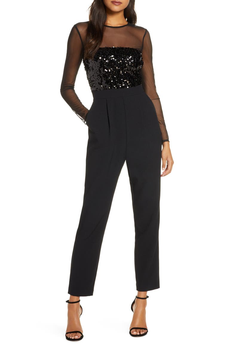 Sequin Bodice Long Sleeve Jumpsuit, Main, color, BLACK