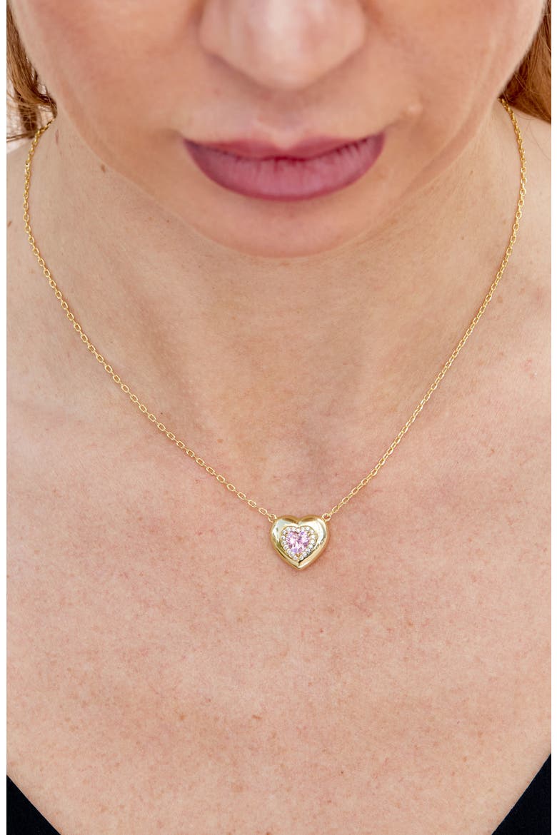 Cubic Zirconia Puffy Heart Pendant Necklace, Alternate, color, YELLOW GOLD/ PINK