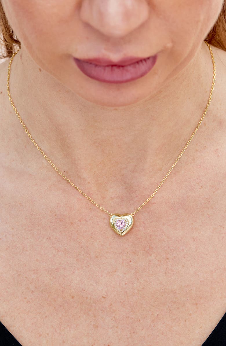 SAVVY CIE JEWELS Cubic Zirconia Puffy Heart Pendant Necklace, Alternate, color, Yellow Gold/ Pink