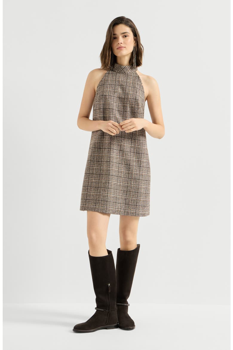 Checked alpaca and wool dress with monili, Main, color, Brown
