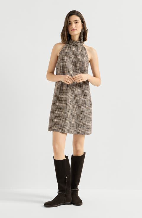 Checked alpaca and wool dress with monili