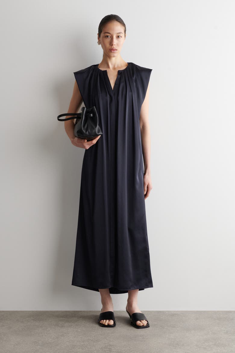 Pleated Satin Midi Dress, Alternate, color, NAVY