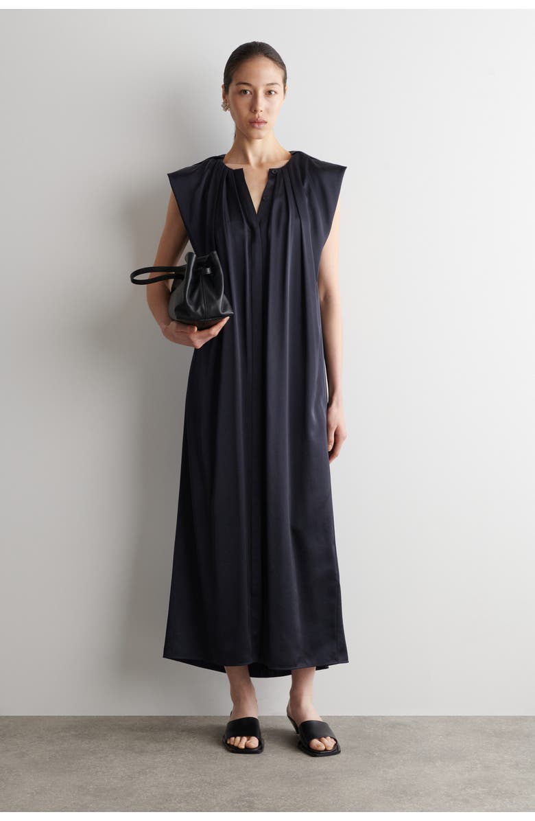 COS Pleated Satin Midi Dress, Alternate, color, Navy