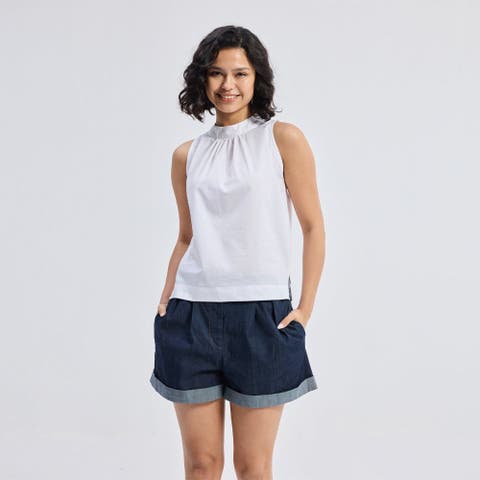 Womens High-Neck Sleeveless Top with Gathers in White XXX Large