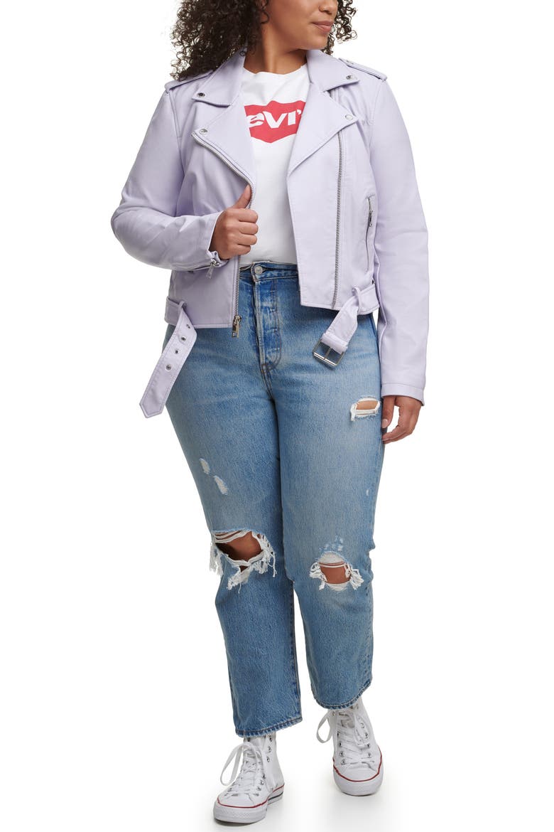 Water Repellent Faux Leather Fashion Belted Moto Jacket, Alternate, color, LILAC