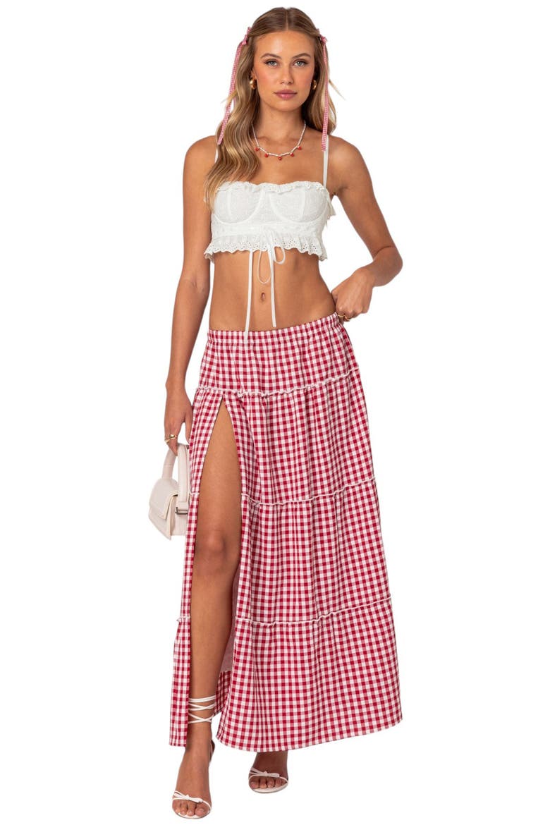 Gingham Tiered Maxi Skirt, Alternate, color, RED