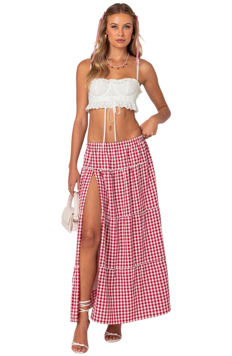 EDIKTED Gingham Tiered Maxi Skirt, Alternate, color, Red