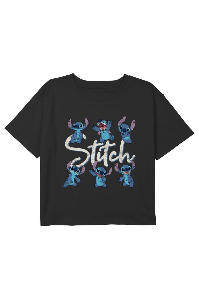 Girl's Lilo & Stitch Many Distressed Poses Graphic Cropped T-Shirt, Main, color, Black