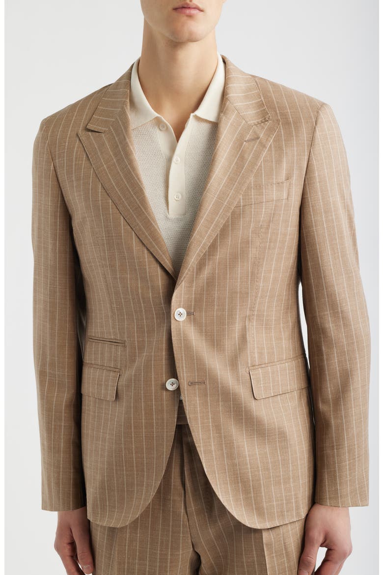 Heston Slim Fit Pinstripe Wool Blend Double Breasted Suit, Alternate, color, MEDIUM BEIGE