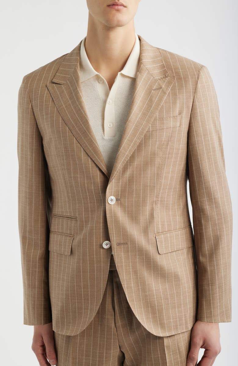 BOSS Camel Heston Slim Fit Pinstripe Wool Blend Double Breasted Suit, Alternate, color, Medium Beige