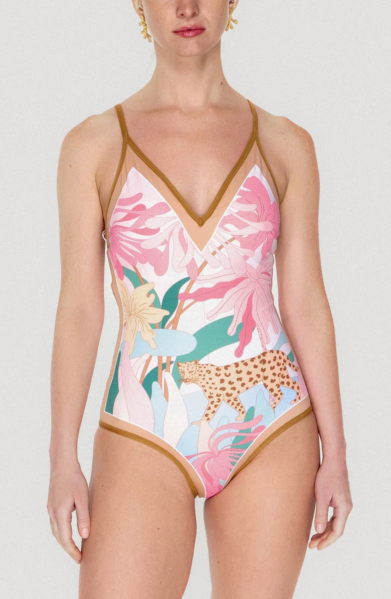 Jessie Zhao New York Blush Jungle Reversible V-Neck One-Piece Swimsuit, Alternate, color, Black