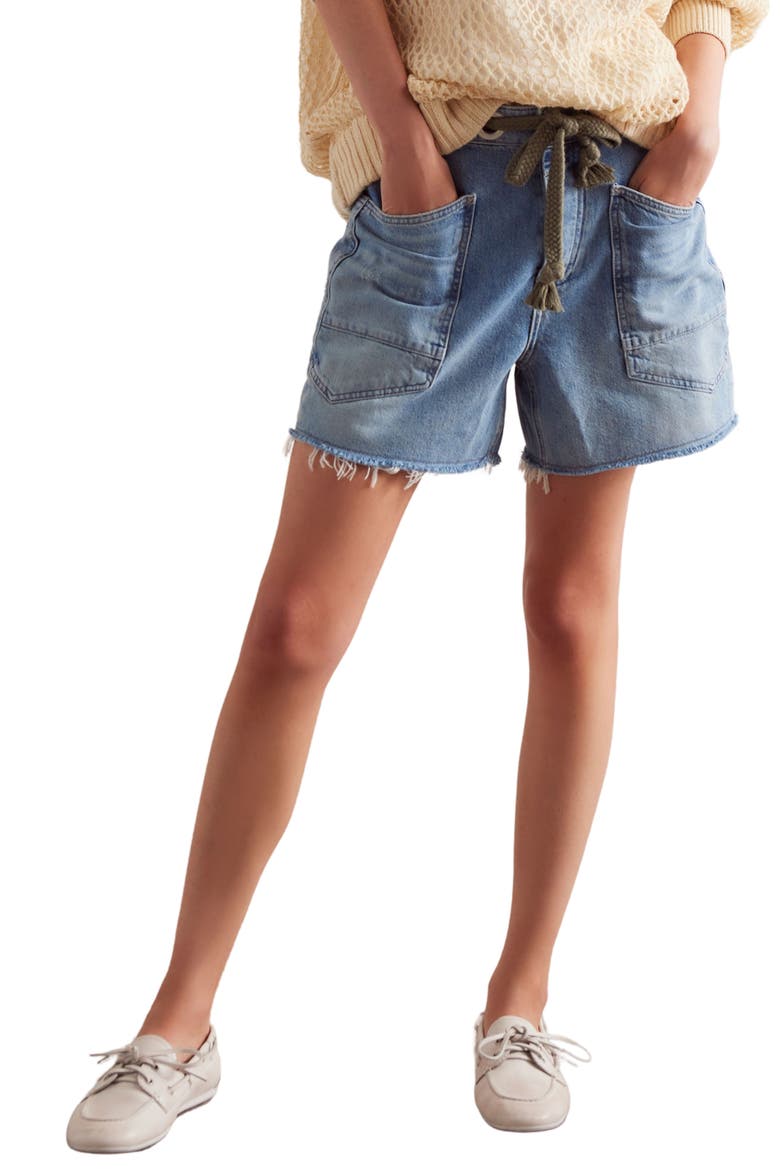 Moxie Distressed High Waist Denim Cutoff Shorts, Main, color, TRUEST BLUE