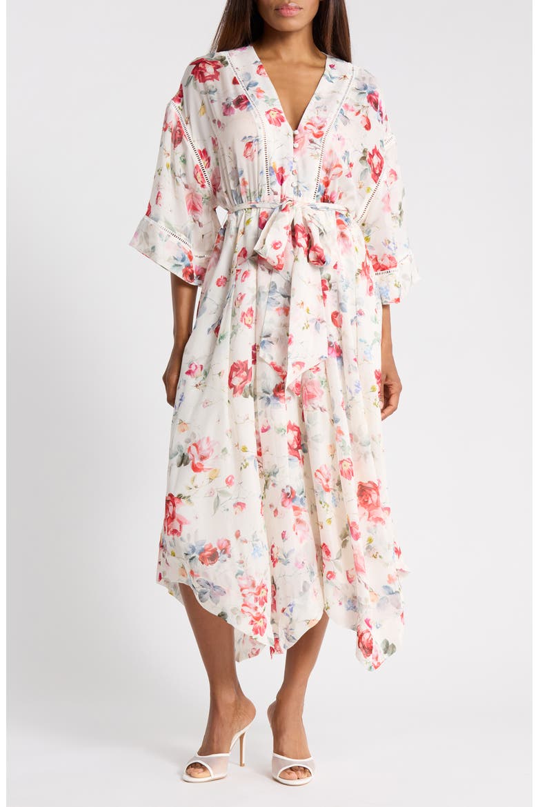 Miki Floral Print Belted Sundress, Main, color, IVRY MLTI WATERCOLOR DTY FLRL