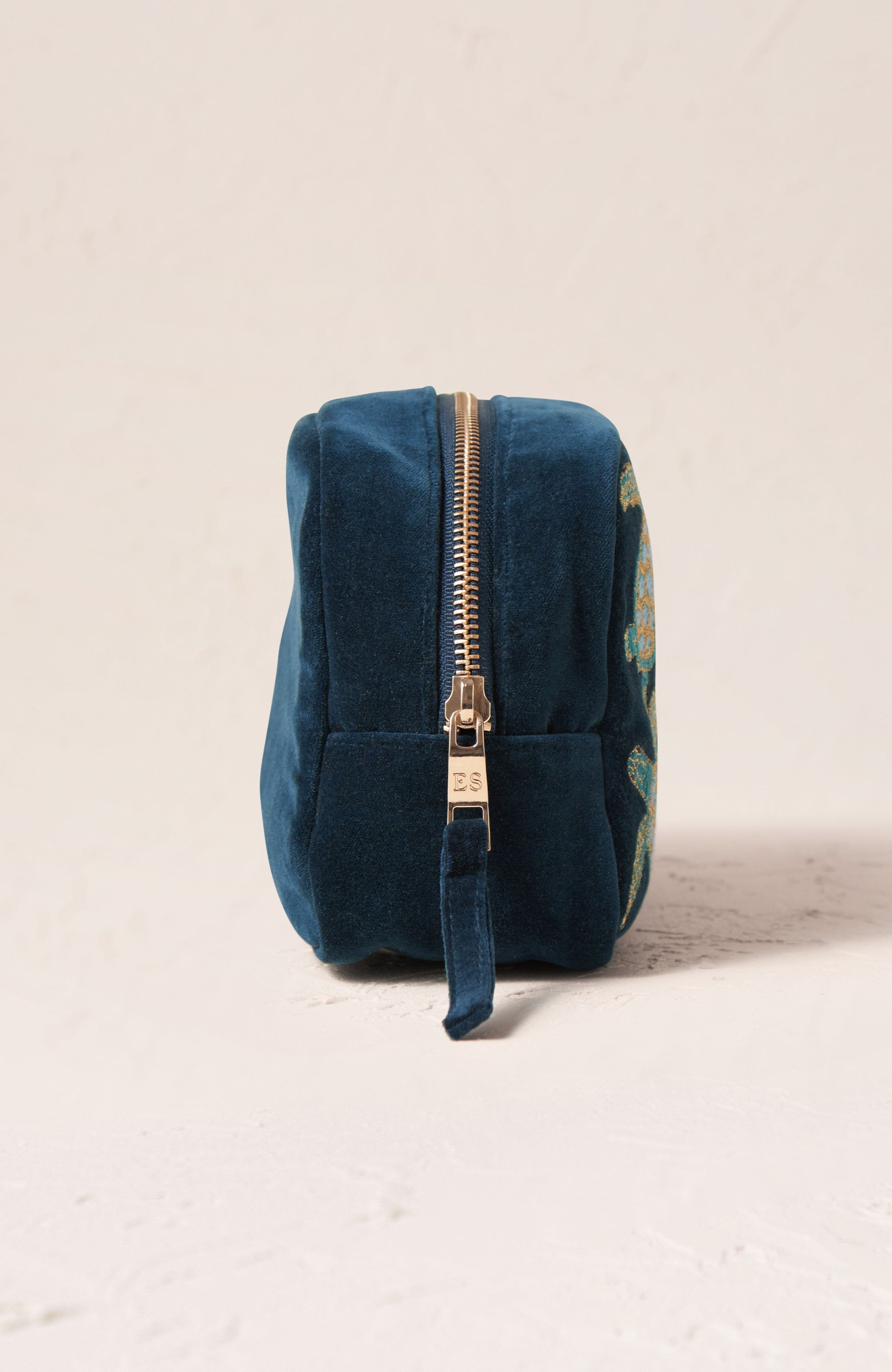 Turtle Conservation Velvet Makeup Bag, Alternate, color, Marine Navy