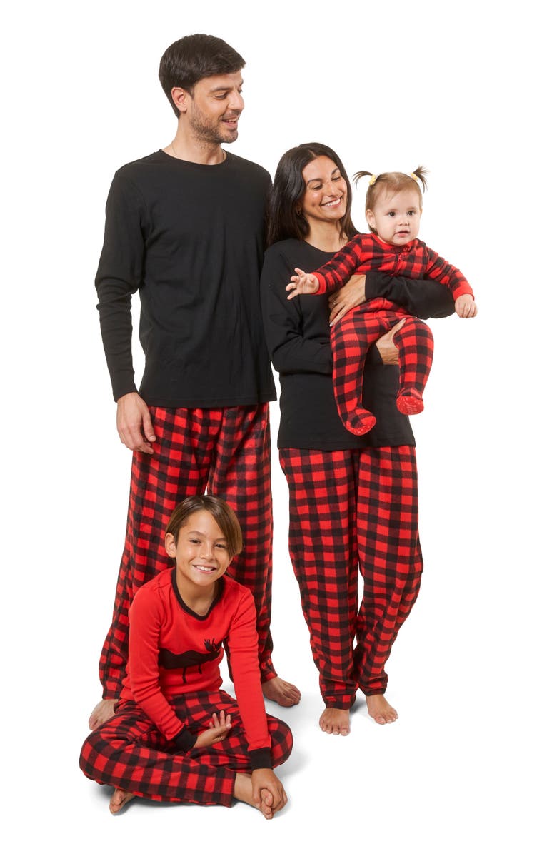 Leveret Kids Footed Fleece Printed Matching Family Holiday Pajamas, Alternate, color, Plaid Black & Red