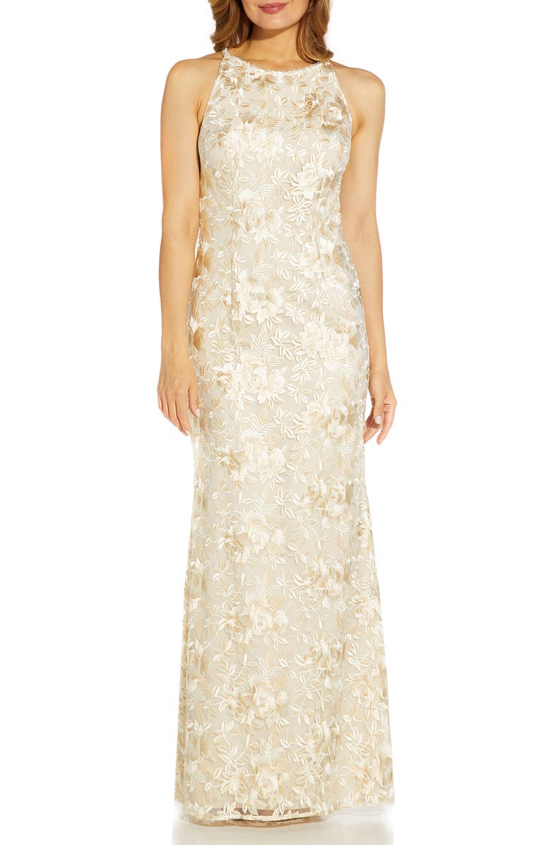 Adrianna Papell Floral Embroidery Halter Neck Gown, Main, color, 