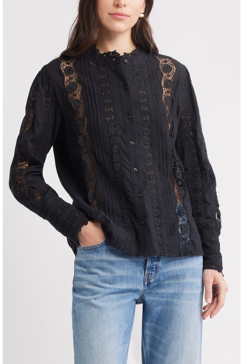 Pretty Lace Panel Button-Up Shirt, Main, color, BLACK