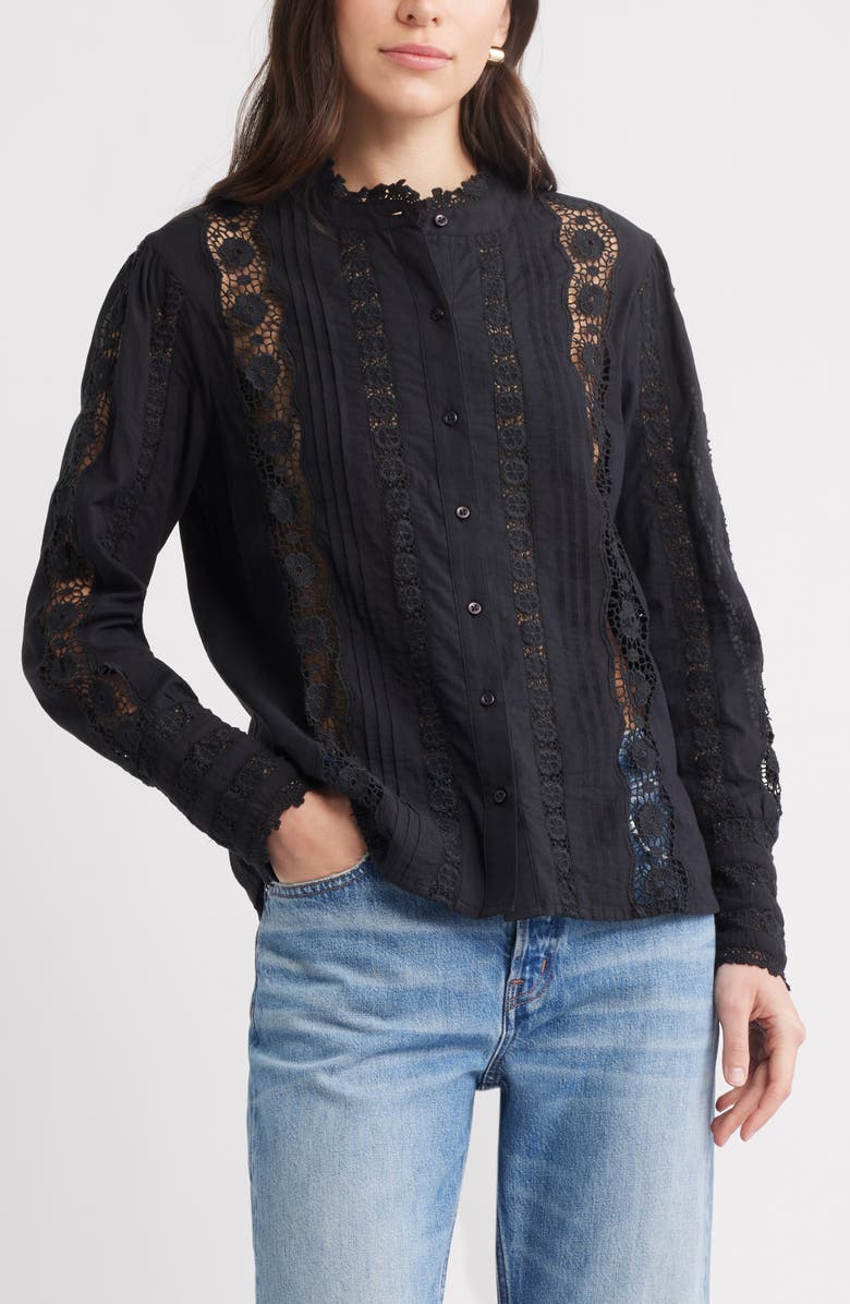 Caslon<sup>®</sup> Pretty Lace Panel Button-Up Shirt, Main, color,